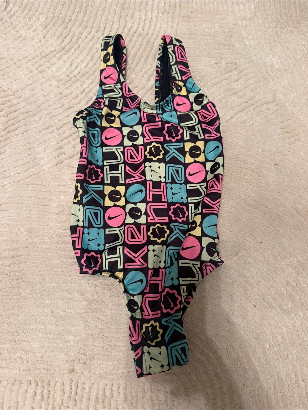 Nike Kids Black One-Piece Swim Suit with Pink, Blue, Mint & Yellow Print